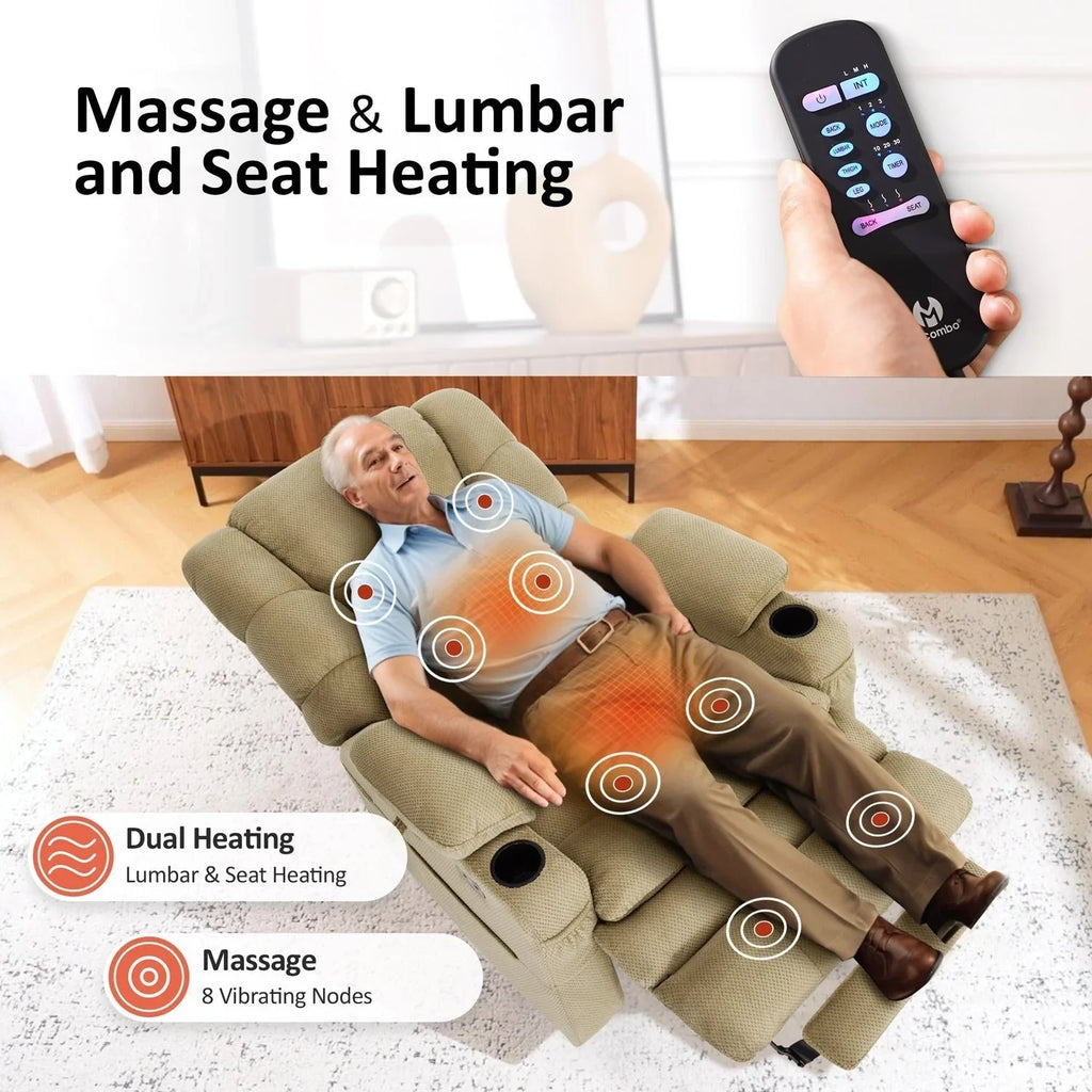 MCombo Sillón reclinable elevador eléctrico con motor dual ancho grande, masaje y doble calefacción para personas mayores altas y corpulentas, tela R7635