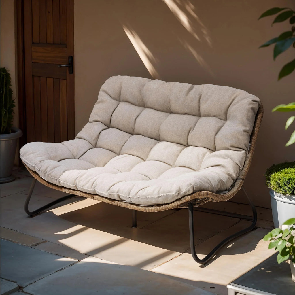 Sofá biplaza doble Papasan con cojín, ratán PE para todo tipo de clima y estructura metálica para interior/exterior