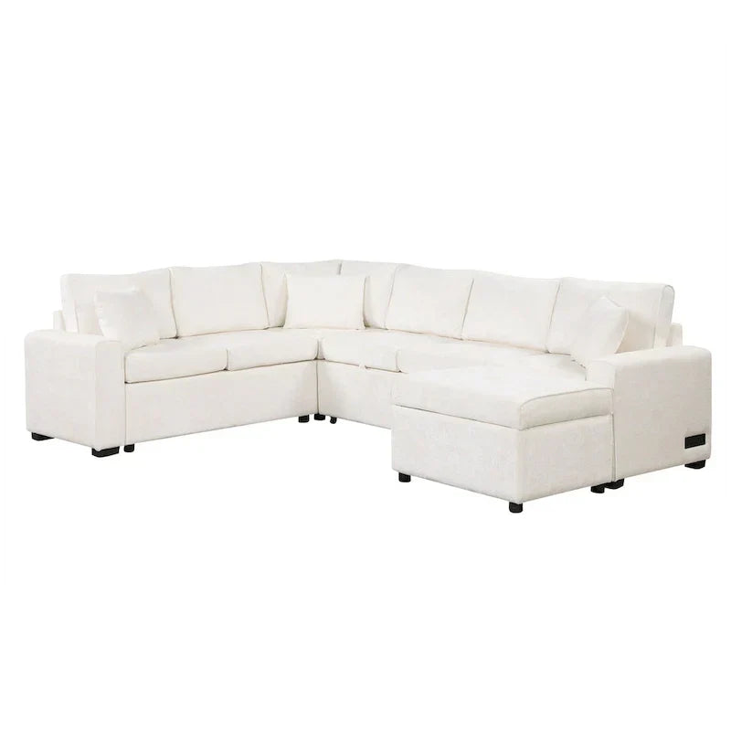 Sofá seccional de chenilla con sofá cama extraíble, sofá cama en forma de L con otomana de almacenamiento, 3 almohadas y dispositivos de carga