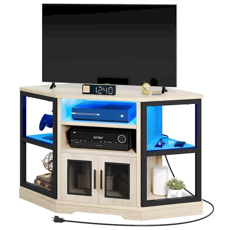 Mueble esquinero para TV estilo rústico, centro de entretenimiento y consola multimedia para televisores de hasta 55 pulgadas con toma de corriente