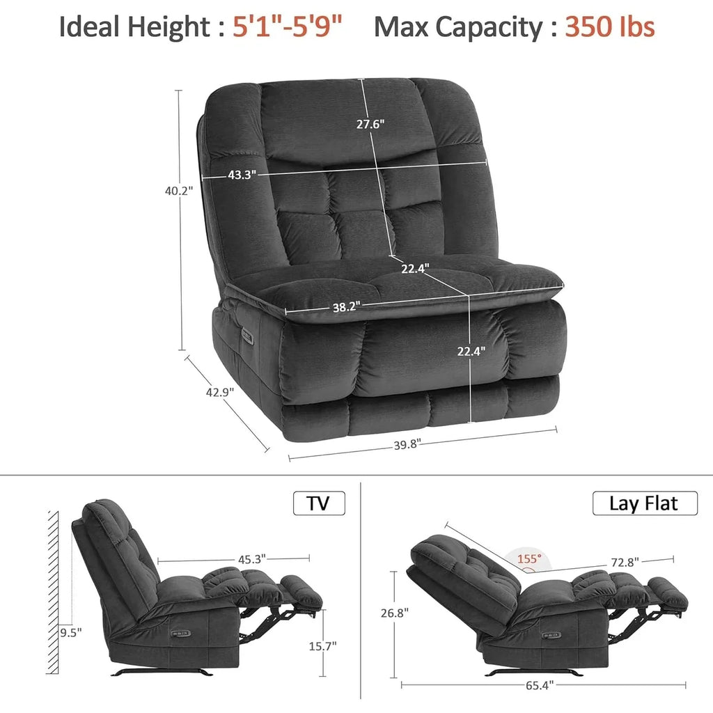 MCombo Sillón reclinable de balanceo eléctrico sin brazos con doble motor de gran tamaño, reclinable sin brazos, perfecto para sala de estar, tela PR607