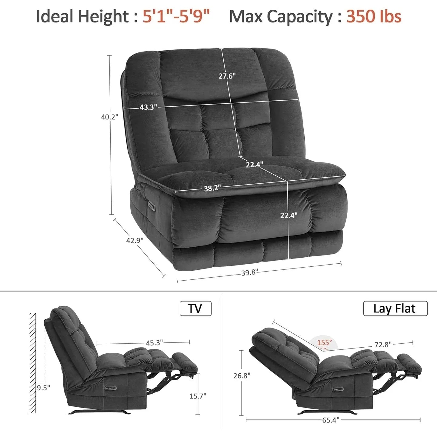 MCombo Sillón reclinable de balanceo eléctrico sin brazos con doble motor de gran tamaño, reclinable sin brazos, perfecto para sala de estar, tela PR607