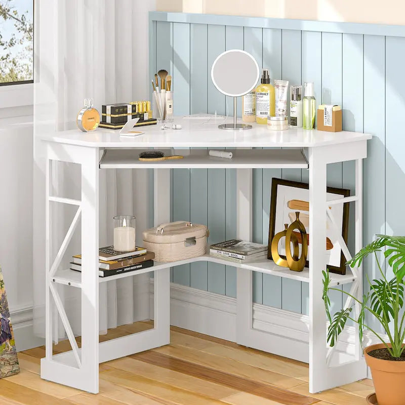 Escritorio de esquina, escritorio pequeño con enchufes, mesa de esquina para espacios pequeños, escritorio de computadora con puertos USB, escritorio triangular con almacenamiento