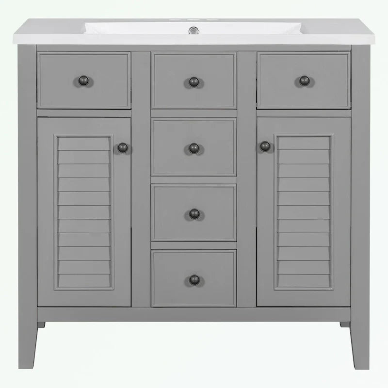 Mueble de baño con lavabo cerámico, dos armarios y cinco cajones