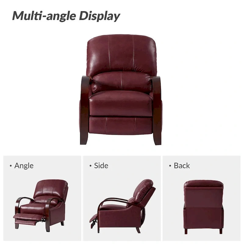 Sofá reclinable manual Alex Mid-century Modern Cigar de cuero genuino con brazos curvos de madera