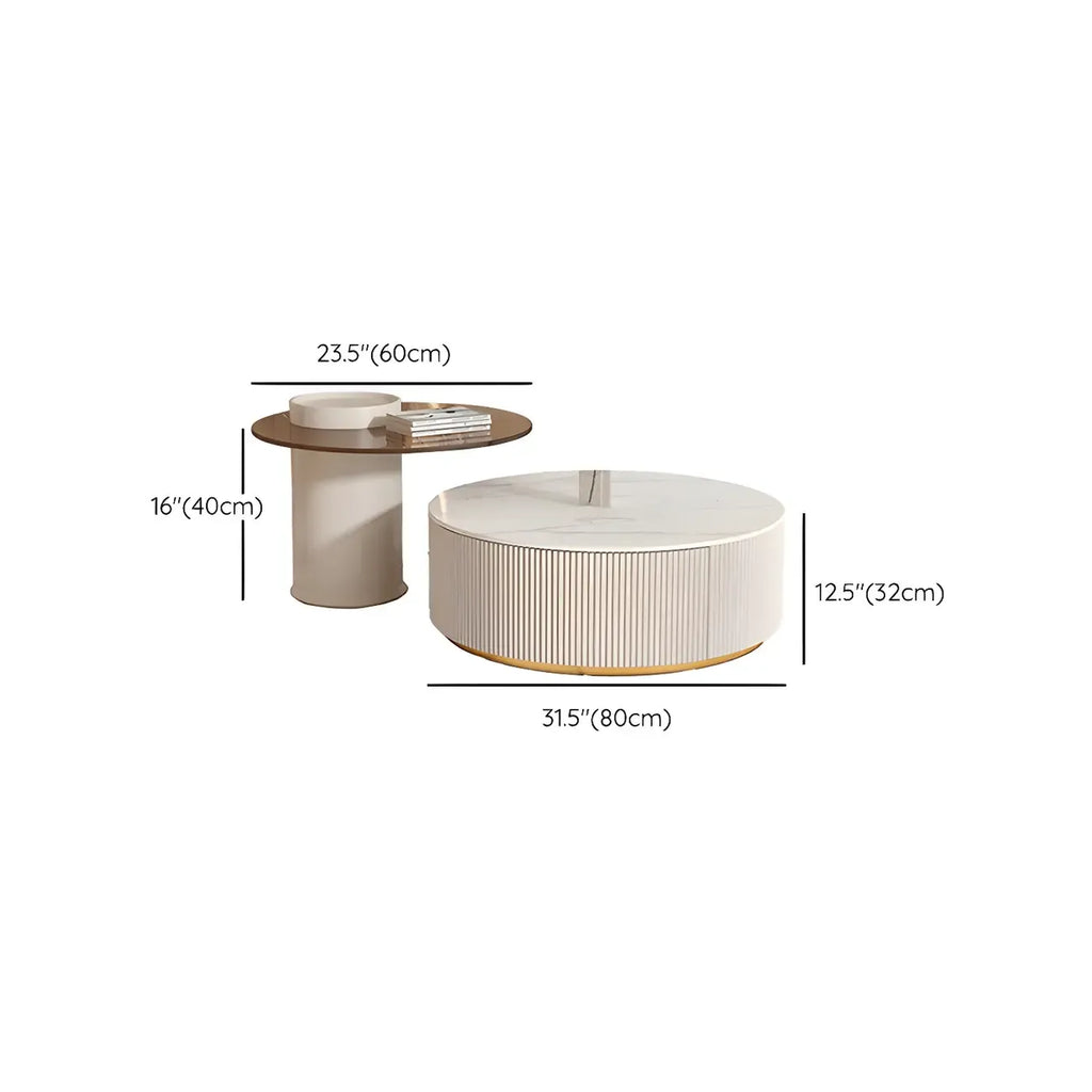 Mesa de centro redonda moderna blanca de madera con cajones tipo tambor