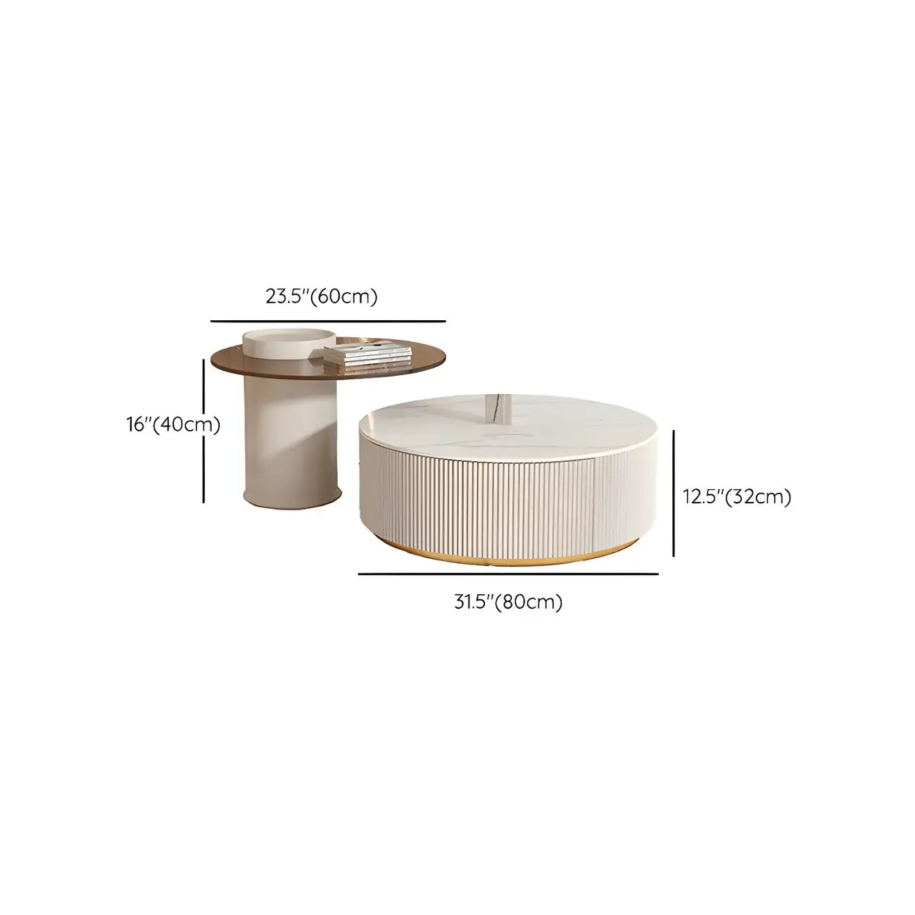 Mesa de centro redonda moderna blanca de madera con cajones tipo tambor