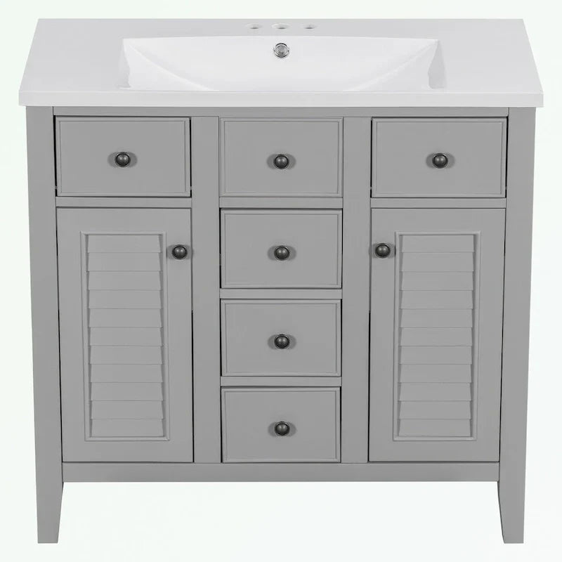Mueble de baño con lavabo cerámico, dos armarios y cinco cajones