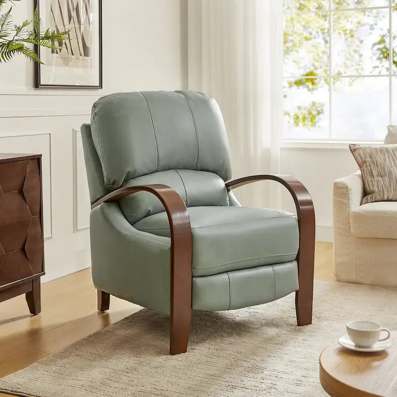 Sofá reclinable manual Alex Mid-century Modern Cigar de cuero genuino con brazos curvos de madera