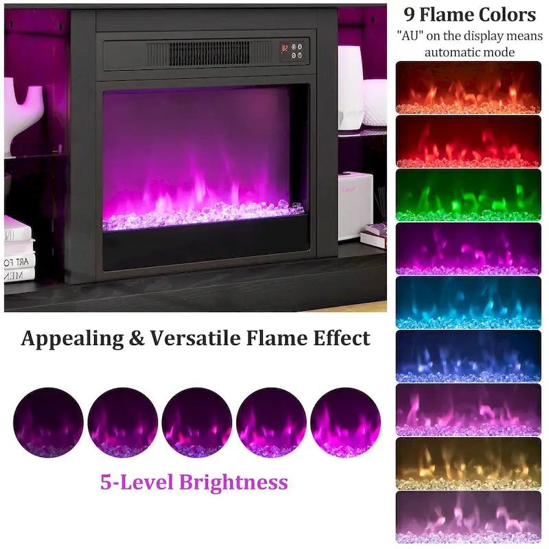 Mueble para TV con chimenea eléctrica, luces LED y mandos a distancia