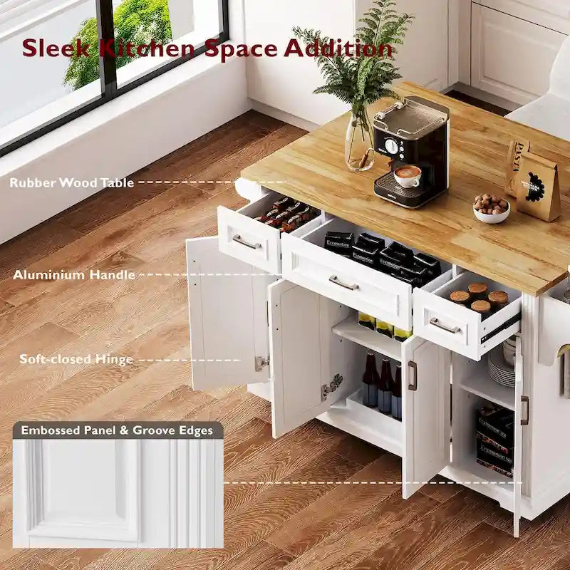Isla de cocina grande con hoja abatible de madera, carrito de cocina con textura en relieve, puertas y cajones con almacenamiento para cocina, blanco