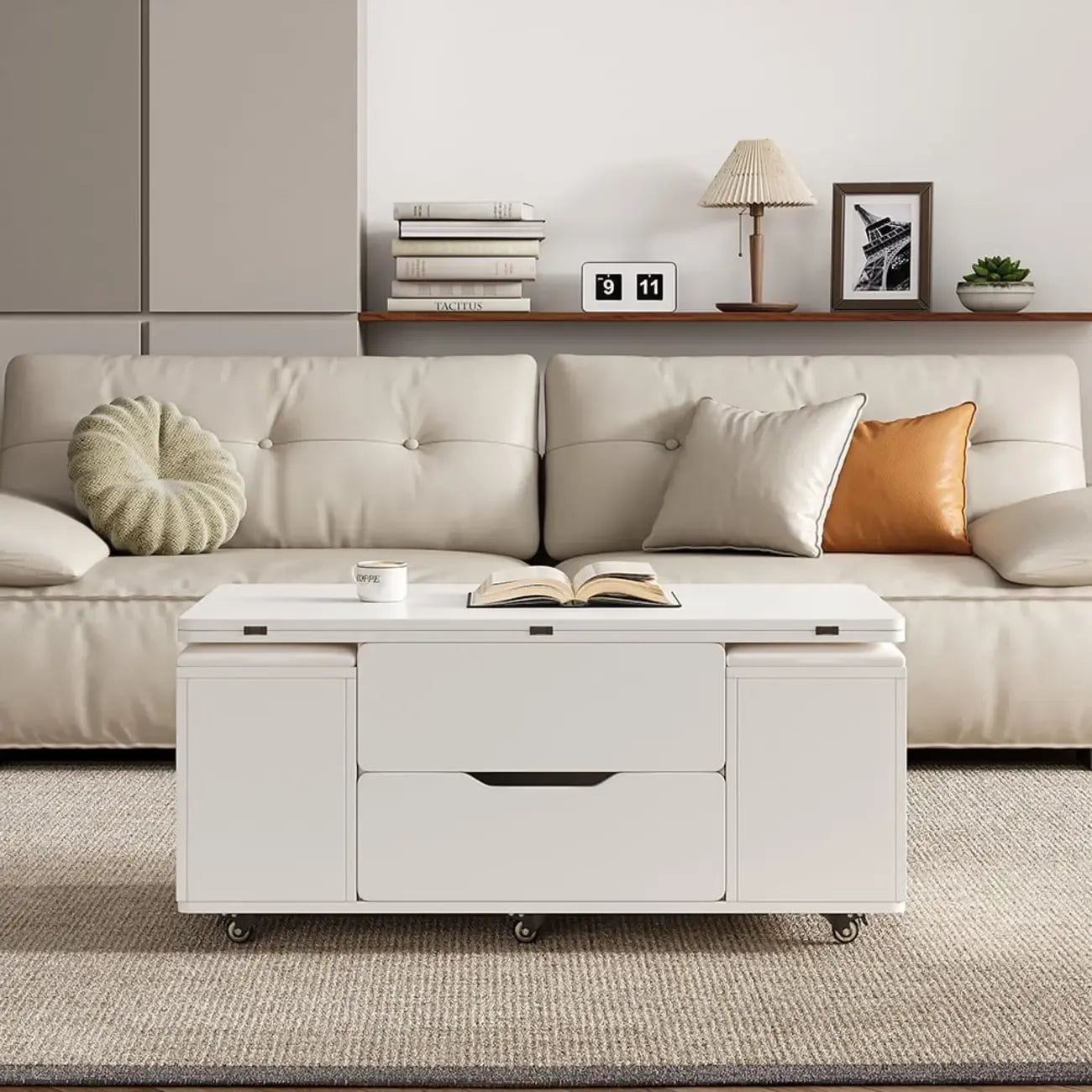 Mesa de centro elevable y plegable con 4 taburetes y almacenamiento