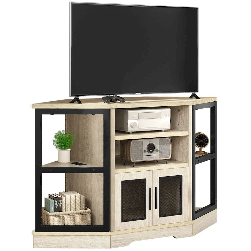 Mueble esquinero para TV estilo rústico, centro de entretenimiento y consola multimedia para televisores de hasta 55 pulgadas con toma de corriente