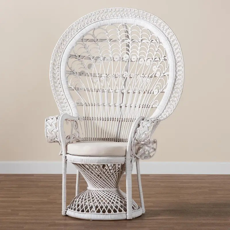 Silla pavo real moderna de mimbre natural blanco bohemio