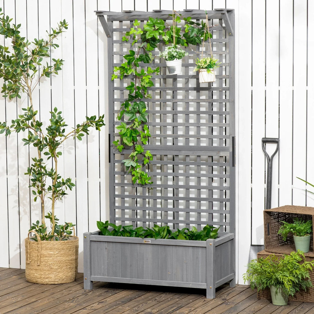 Macetero de madera con celosía, cama de jardín elevada para plantas trepadoras con orificios de drenaje y techo