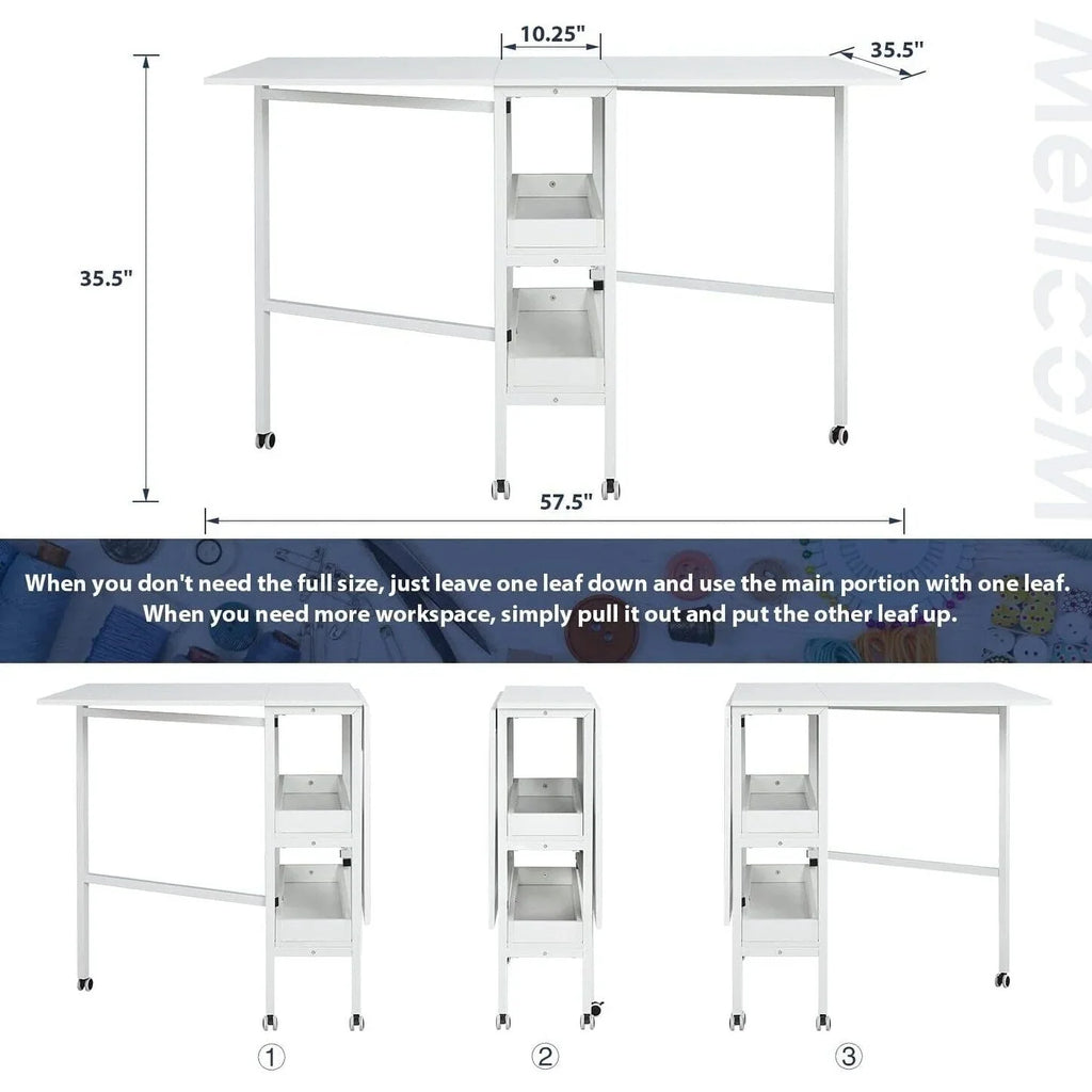 Mesa de manualidades ajustable en altura con estantes de almacenamiento, mesa de corte plegable móvil para oficina en casa, sala de costura, sala de manualidades