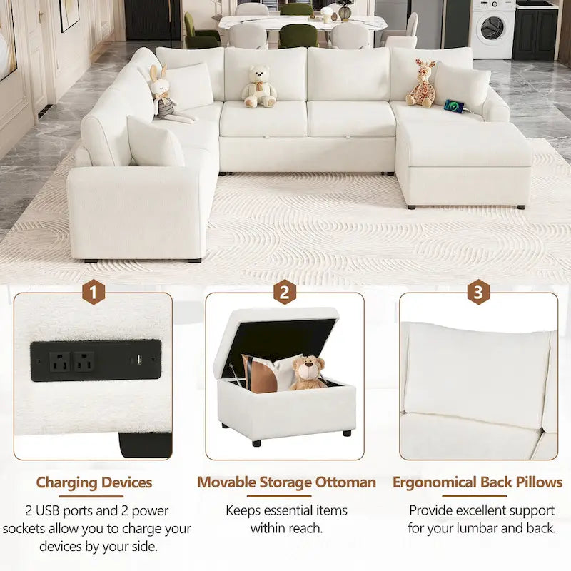 Sofá seccional de chenilla con sofá cama extraíble, sofá cama en forma de L con otomana de almacenamiento, 3 almohadas y dispositivos de carga