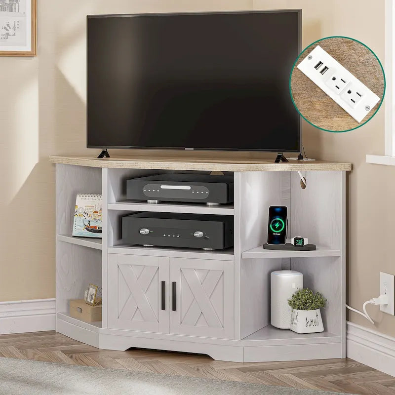 Mueble esquinero para TV estilo rústico, centro de entretenimiento y consola multimedia para televisores de hasta 55 pulgadas con toma de corriente