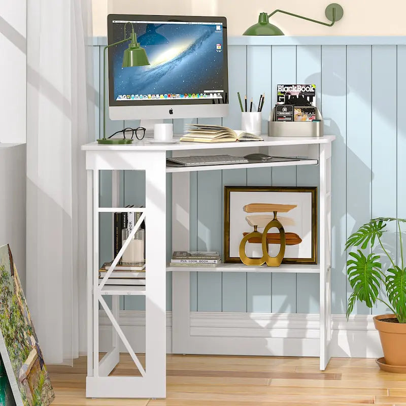 Escritorio de esquina, escritorio pequeño con enchufes, mesa de esquina para espacios pequeños, escritorio de computadora con puertos USB, escritorio triangular con almacenamiento