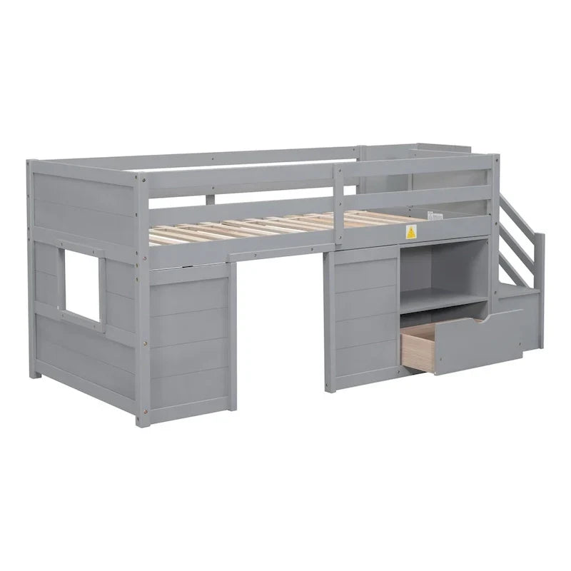 CAMA INDIVIDUAL, CAMA INDIVIDUAL TIPO LITERA BAJA DE MADERA MACIZA CON ESCALERA, CAJÓN Y ESTANTE EN COLOR GRIS