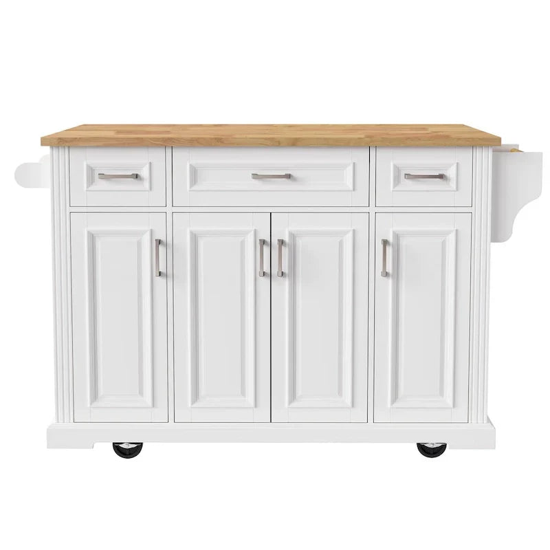 Isla de cocina grande con hoja abatible de madera, carrito de cocina con textura en relieve, puertas y cajones con almacenamiento para cocina, blanco