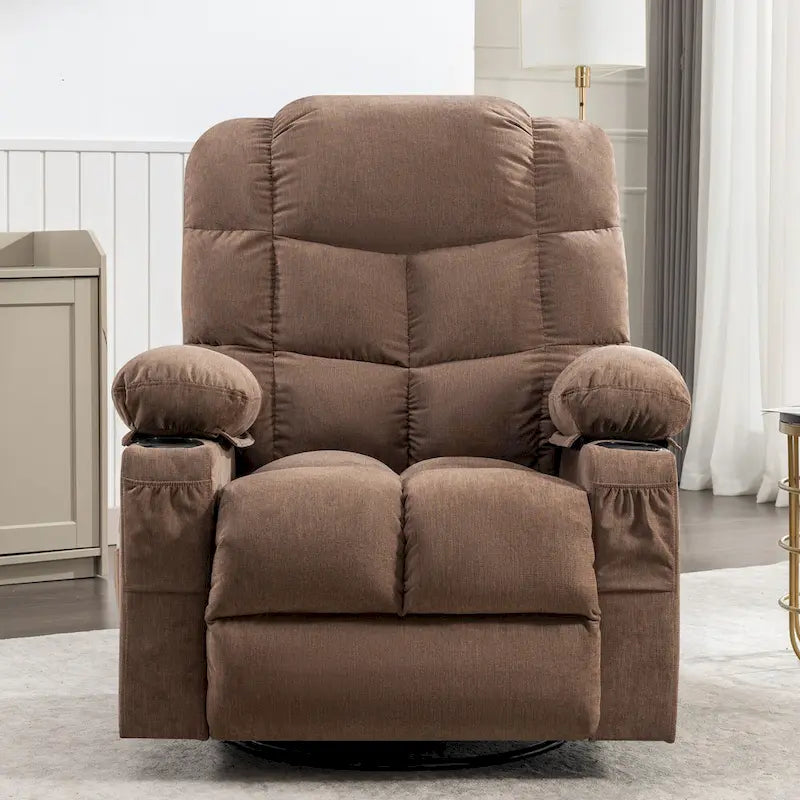 Reclinable extragrande gris con calor y masaje, reclinación de 150°, balanceo de 30°, carga USB y 2 portavasos