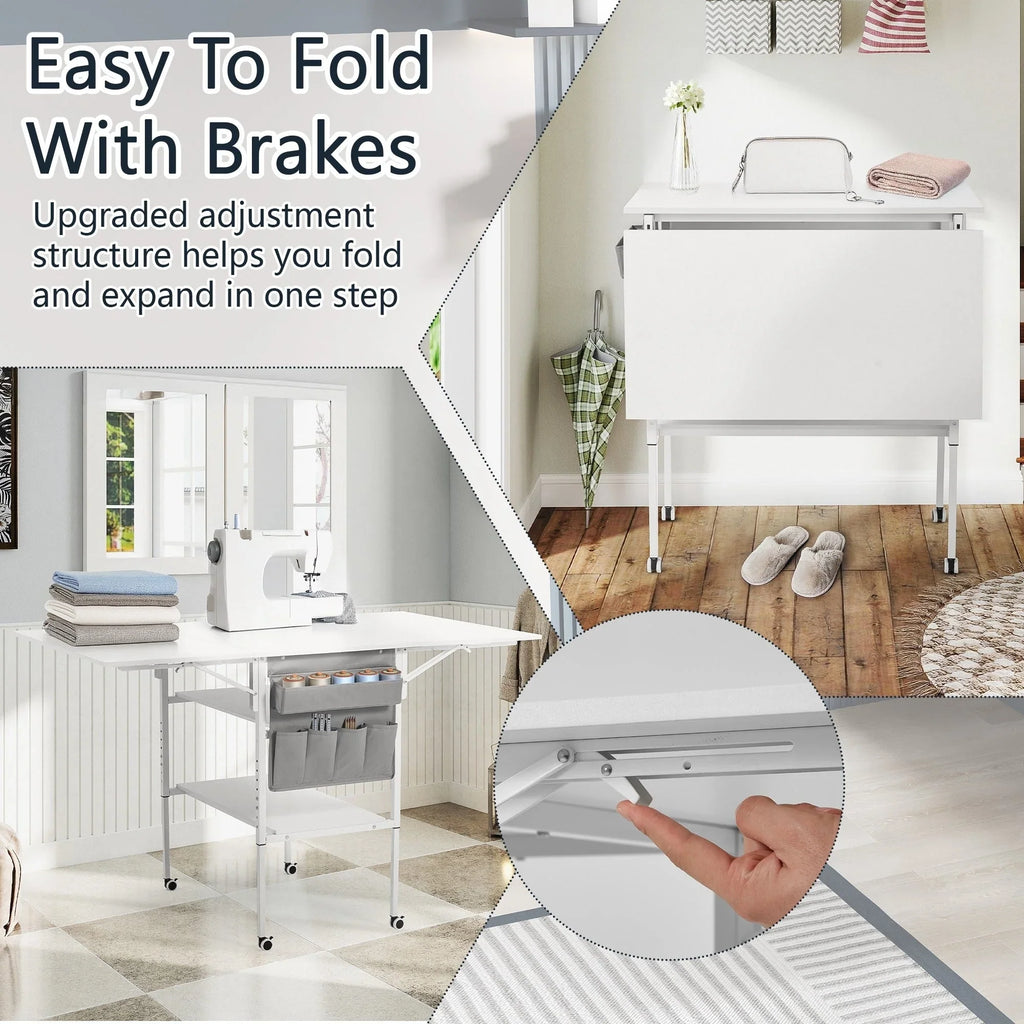 Mesa de manualidades ajustable en altura con estantes de almacenamiento, mesa de corte plegable móvil para oficina en casa, sala de costura, sala de manualidades