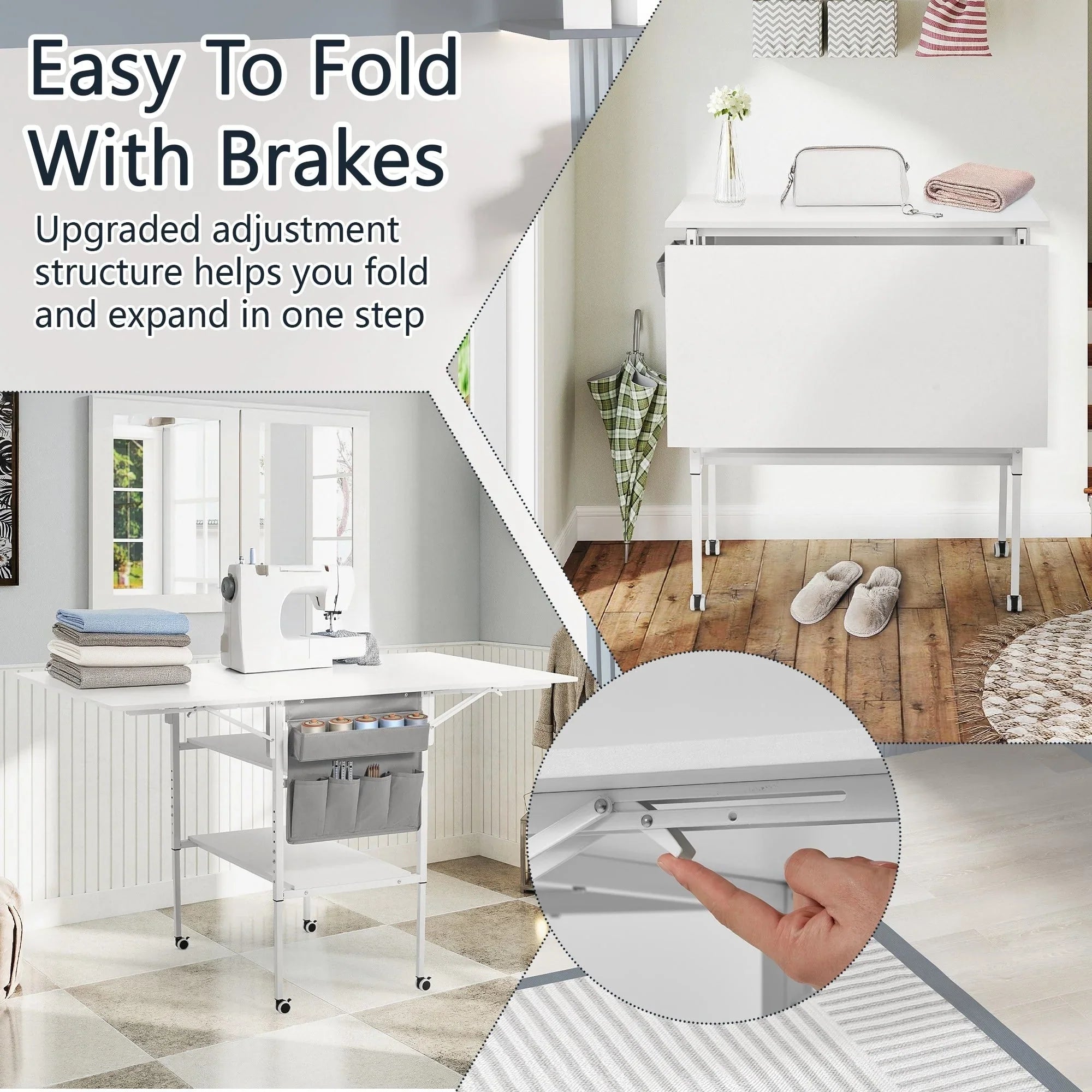 Mesa de manualidades ajustable en altura con estantes de almacenamiento, mesa de corte plegable móvil para oficina en casa, sala de costura, sala de manualidades