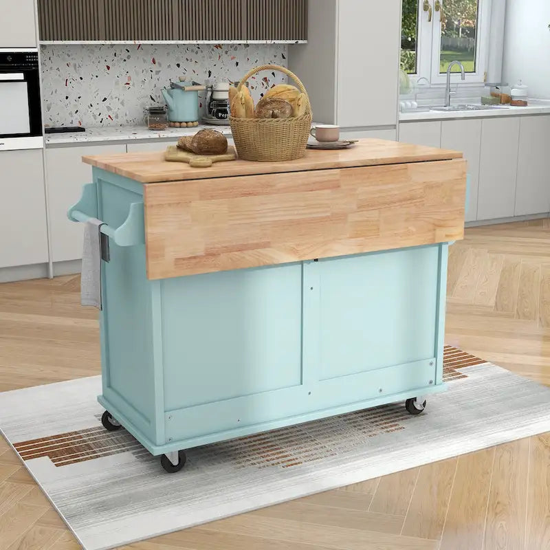 Carro de cocina con encimera de madera de caucho abatible, puerta corredera oculta de granero de altura ajustable, isla de cocina con 4 ruedas