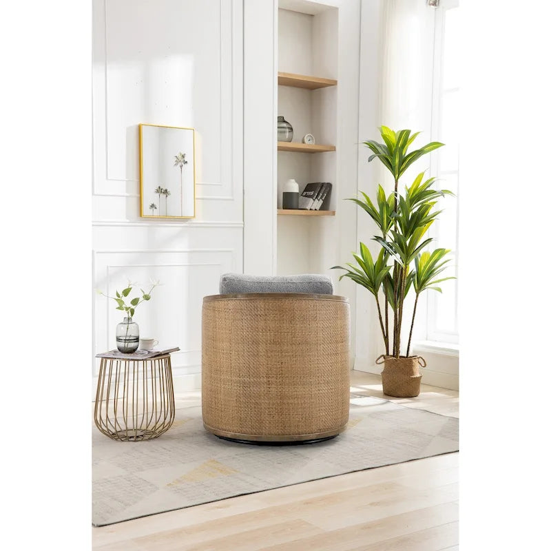 Sillón Giratorio de Barril, Cómodo Sillón Redondo Decorativo, Sillón Club Giratorio de Barril de 360 Grados, Sillón de Ocio con Estructura Tejida de Ratán