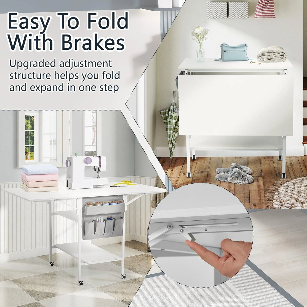 Mesa de manualidades ajustable en altura con estantes de almacenamiento, mesa de corte plegable móvil para oficina en casa, sala de costura, sala de manualidades