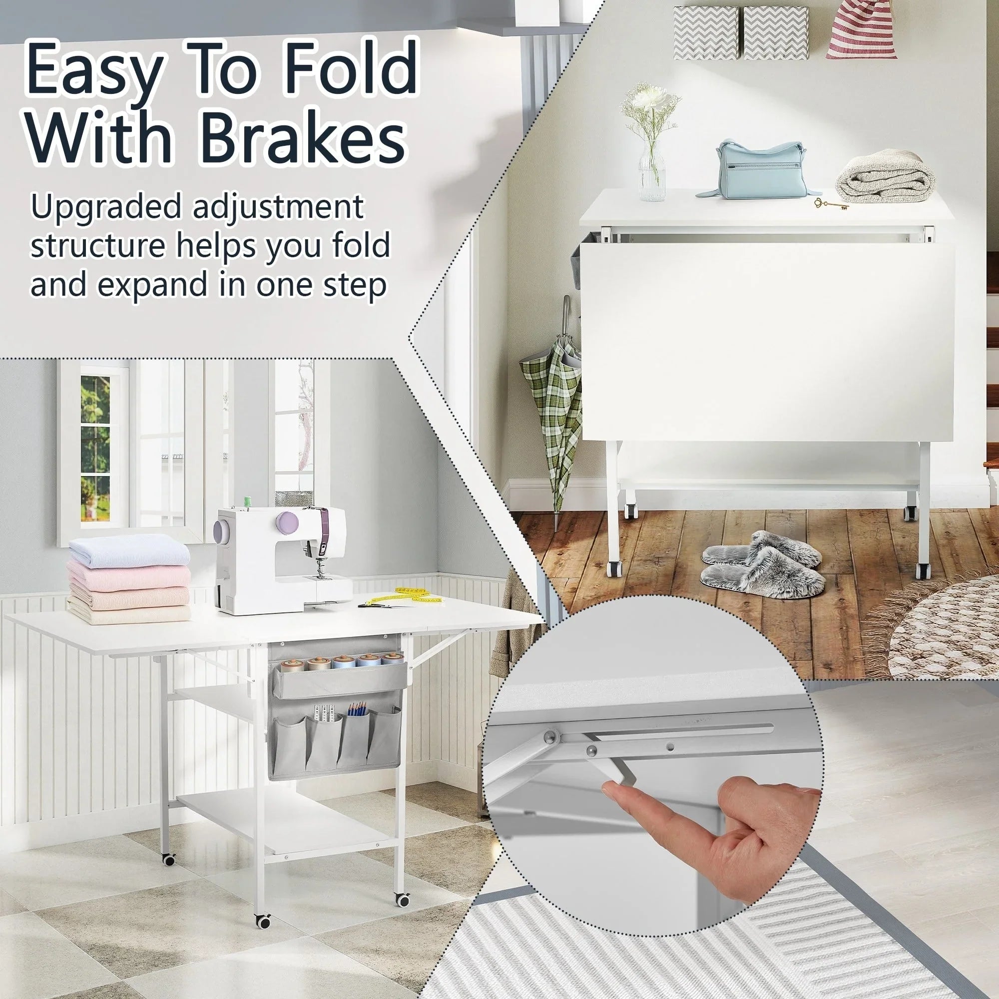 Mesa de manualidades ajustable en altura con estantes de almacenamiento, mesa de corte plegable móvil para oficina en casa, sala de costura, sala de manualidades