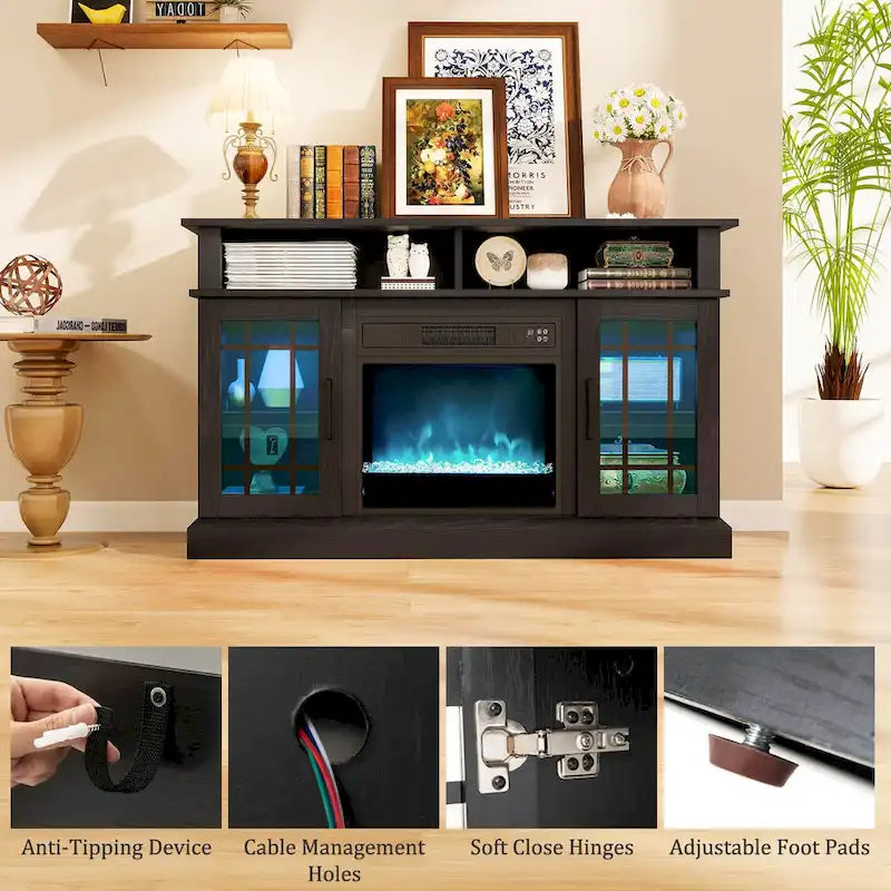 Mueble para TV con chimenea eléctrica, luces LED y mandos a distancia