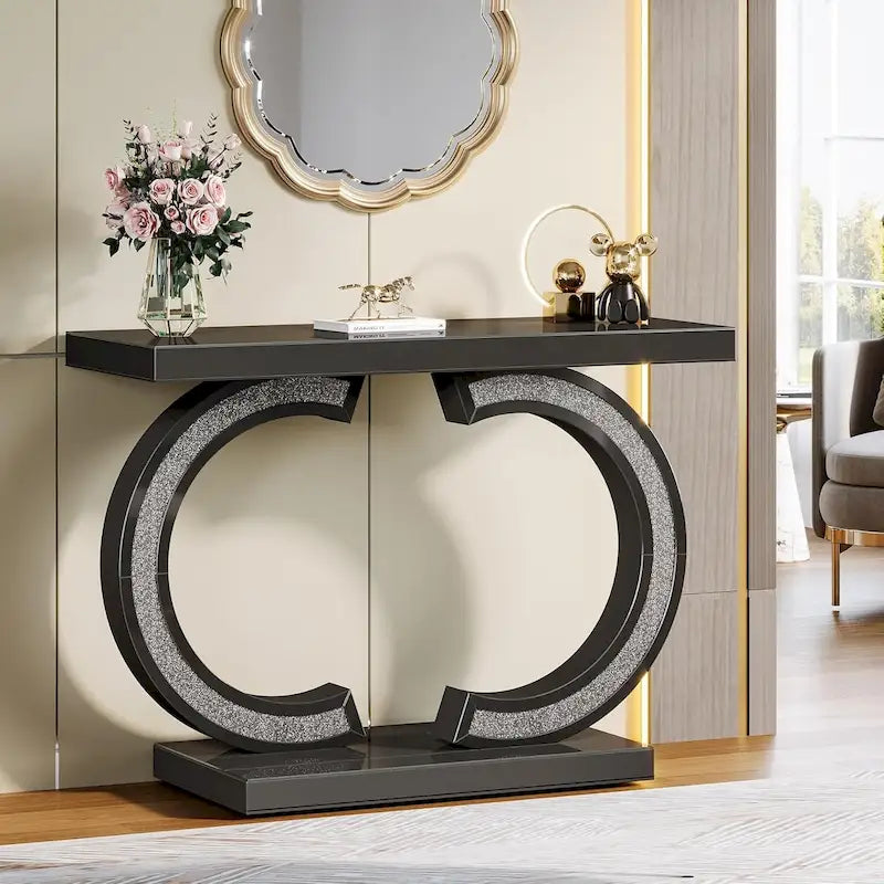 Mesa consola plateada, mesa de recibidor con espejo de 99 cm para la entrada