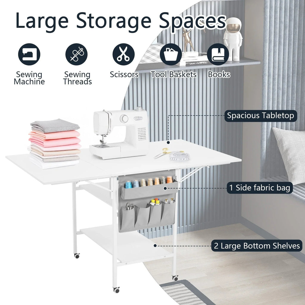 Mesa de manualidades ajustable en altura con estantes de almacenamiento, mesa de corte plegable móvil para oficina en casa, sala de costura, sala de manualidades