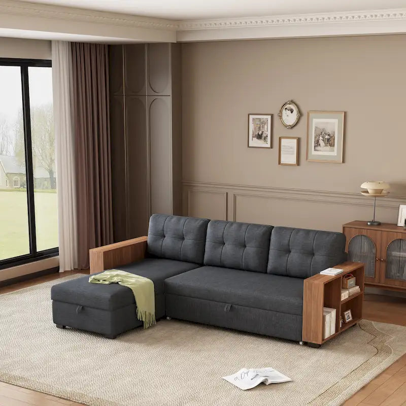 Sofá seccional convertible con cama extraíble y chaise longue con almacenaje oculto