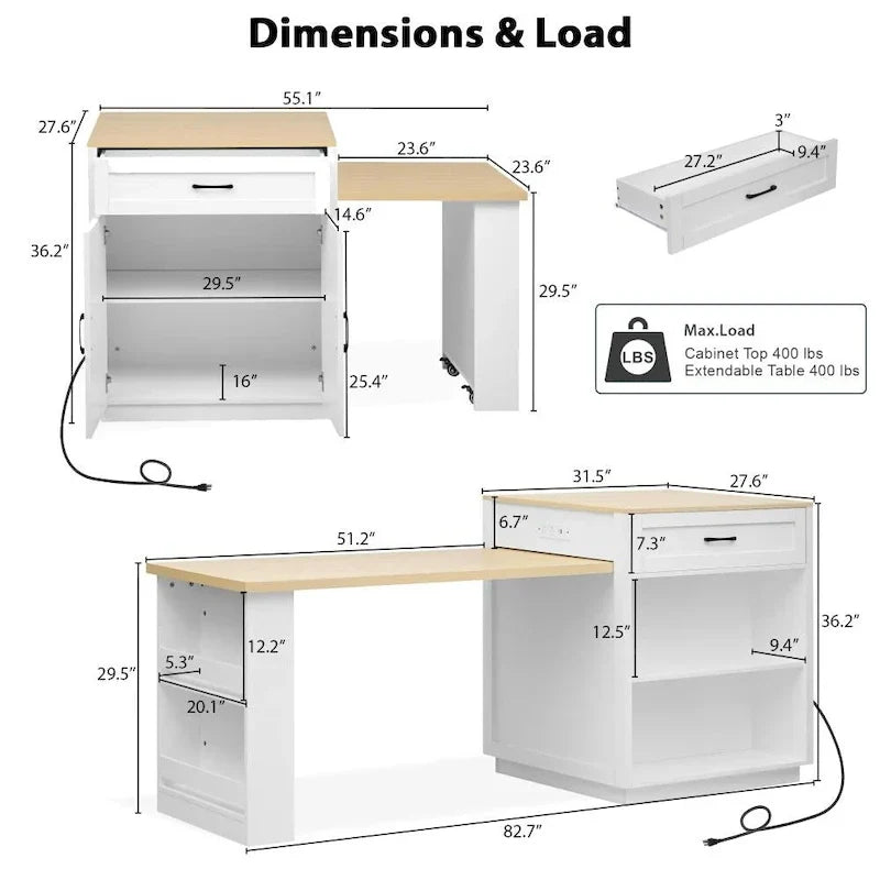82.7 Isla de cocina de madera para 4-6 personas con mesa de comedor extensible y almacenamiento doble