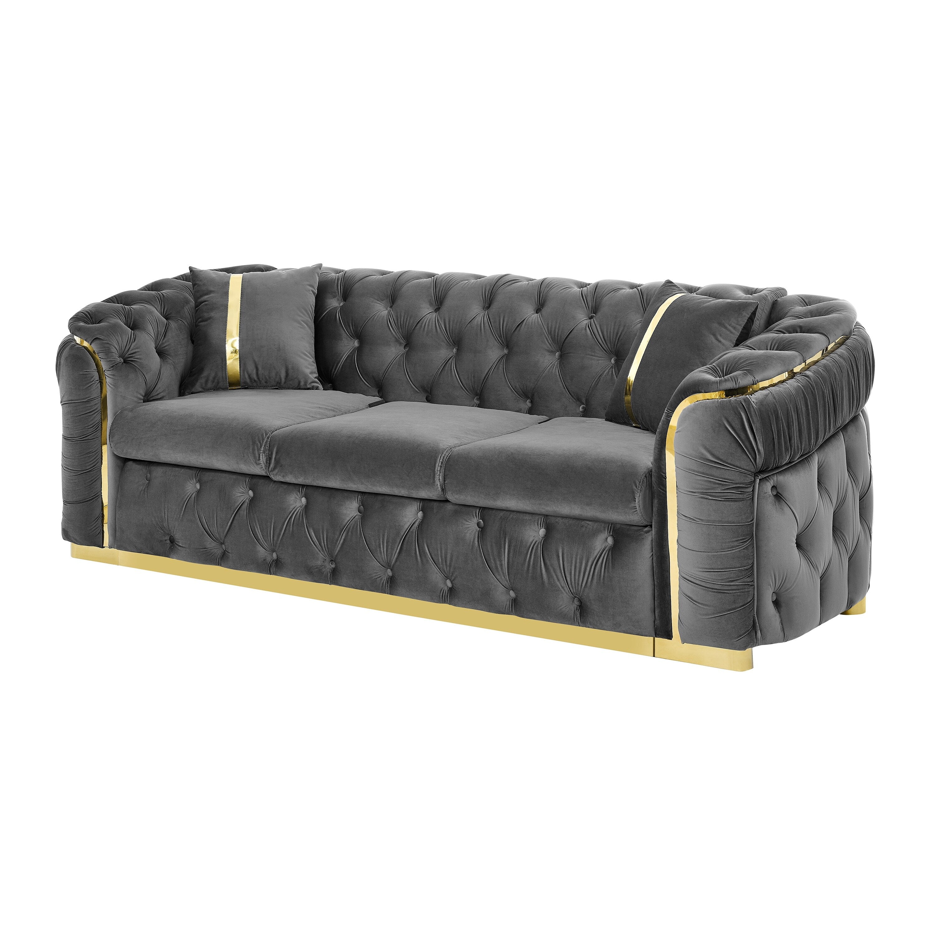 Sofá de 3 plazas Velvet de 90.6 con 2 cojines, cojines de alta densidad, detalles dorados y almohadas