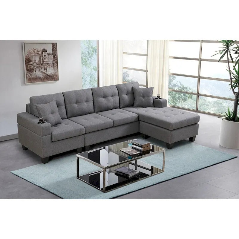 Sofá Seccional para Sala de Estar con Chaise Longue en Forma de L y portavasos