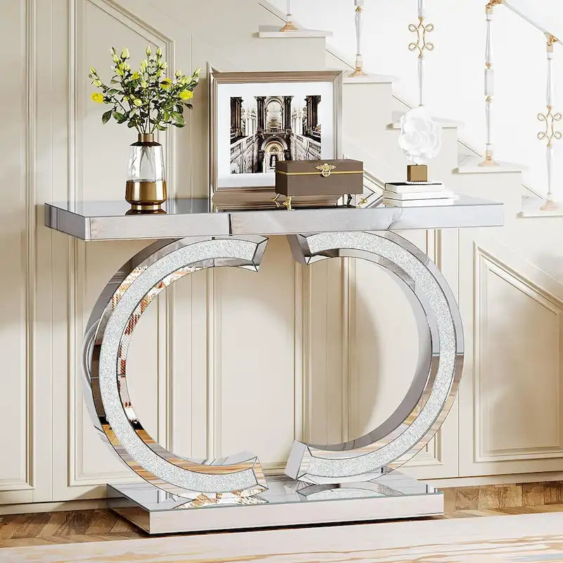 Mesa consola plateada, mesa de recibidor con espejo de 99 cm para la entrada