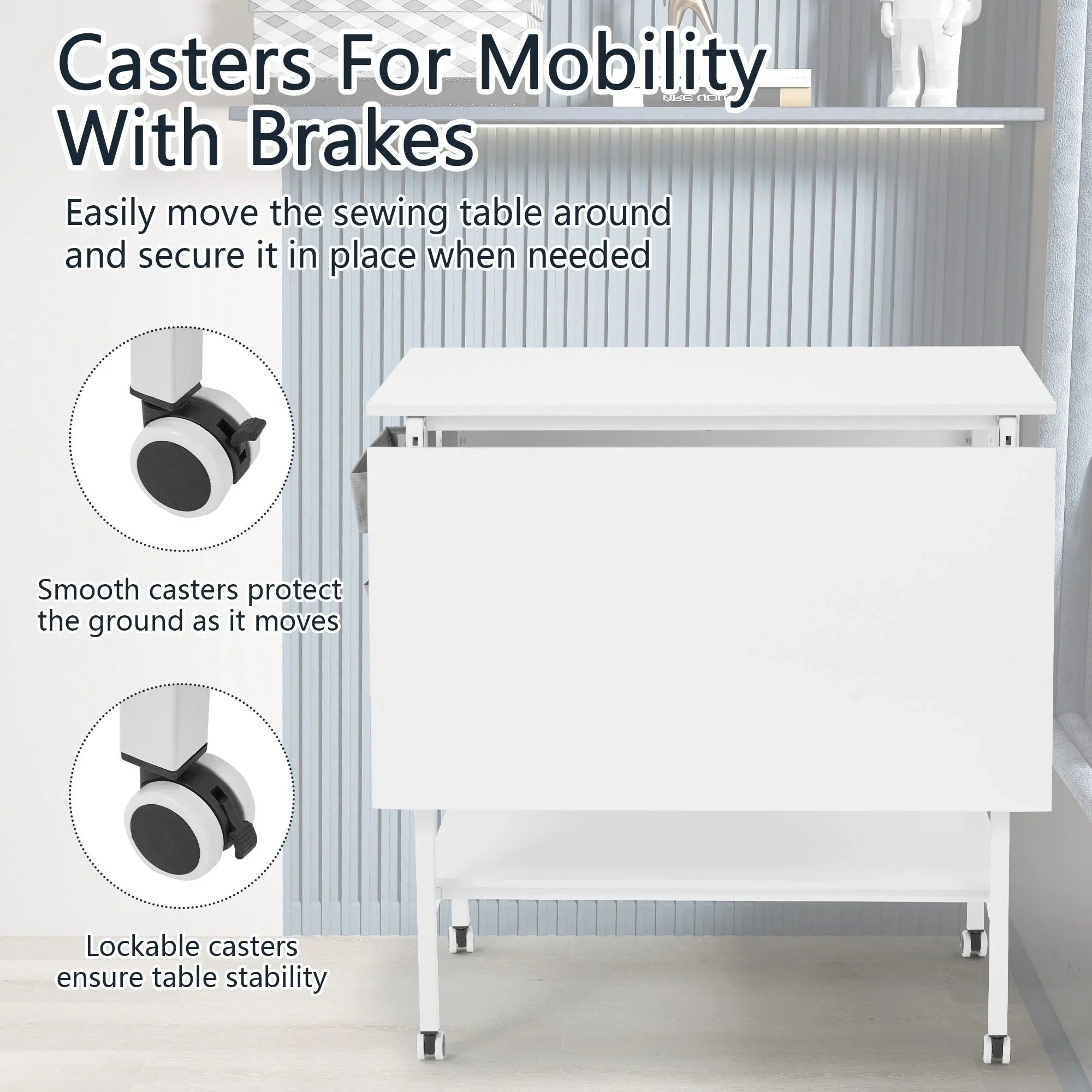 Mesa de manualidades ajustable en altura con estantes de almacenamiento, mesa de corte plegable móvil para oficina en casa, sala de costura, sala de manualidades