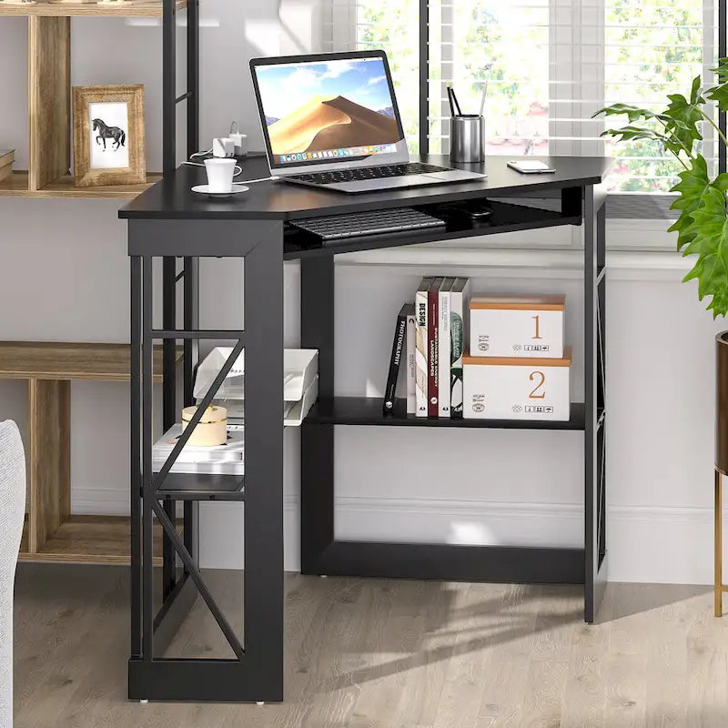 Escritorio de esquina, escritorio pequeño con enchufes, mesa de esquina para espacios pequeños, escritorio de computadora con puertos USB, escritorio triangular con almacenamiento