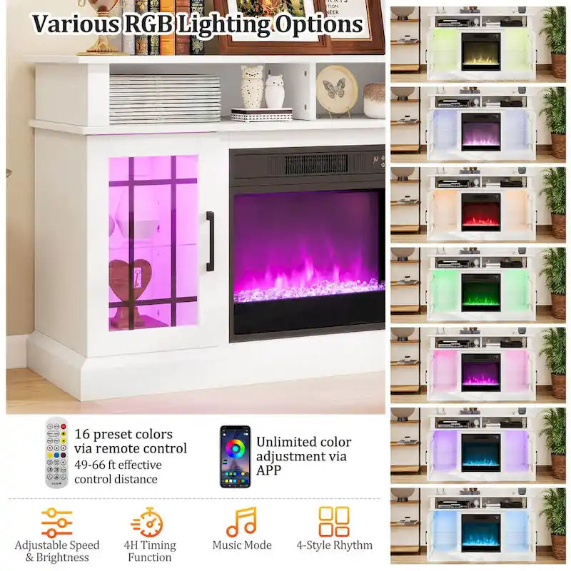 Mueble para TV con chimenea eléctrica, luces LED y mandos a distancia