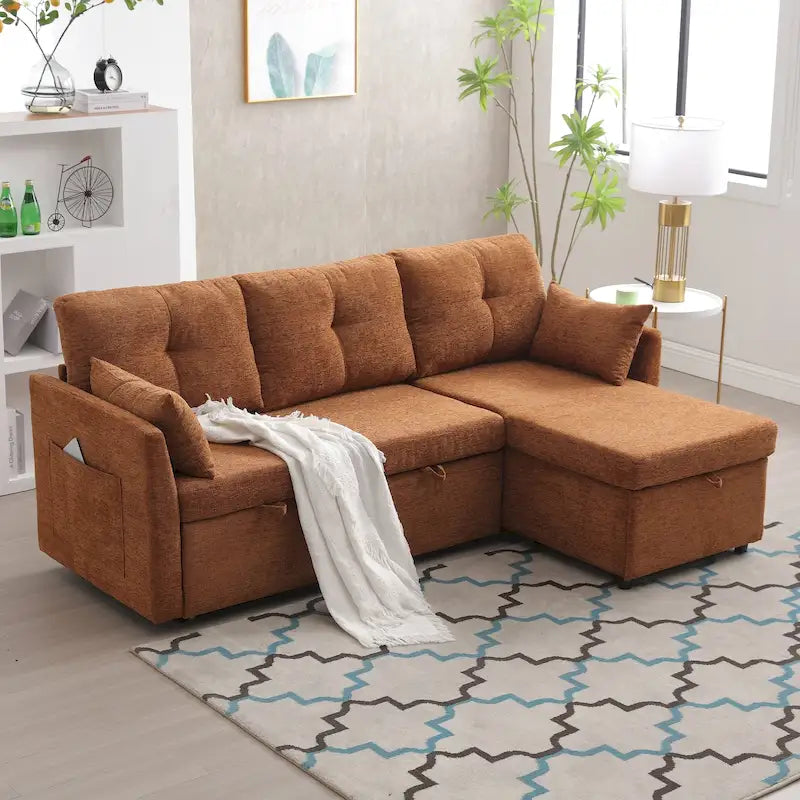 Sofá seccional de chenilla/pana tapizado en forma de L con almacenamiento y chaise reversible con bolsillo lateral
