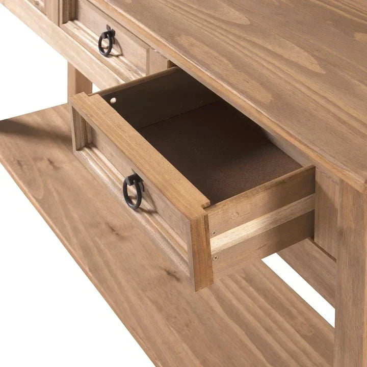 Mesa Consola de Pasillo Rústica de Pino Macizo, Blanqueado / Marrón Antiguo / Lavado Gris / Sin Pintar, 3 Cajones