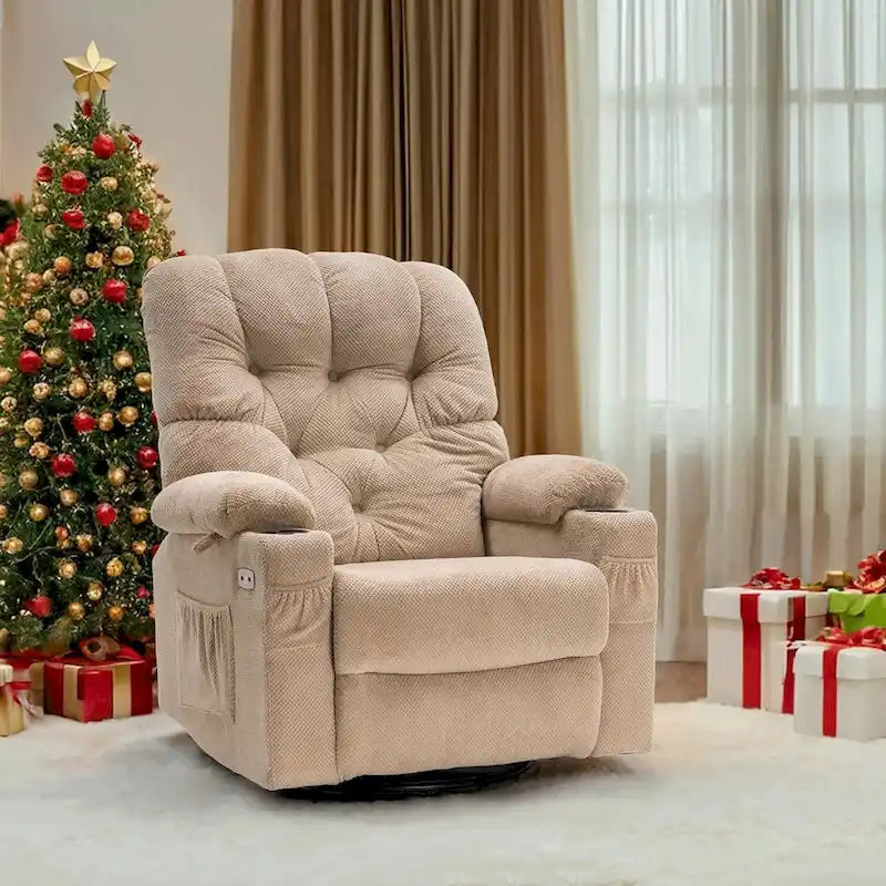 Sillón reclinable giratorio eléctrico con planeador, portavasos y puertos USB, tela, asiento individual