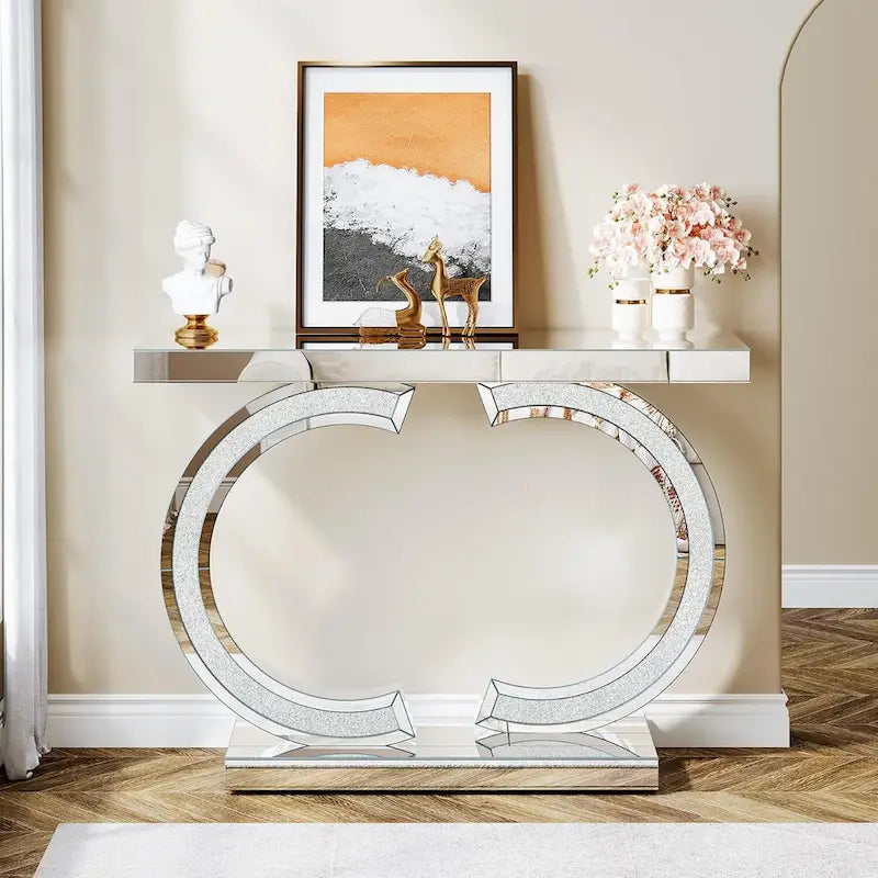 Mesa consola plateada, mesa de recibidor con espejo de 99 cm para la entrada