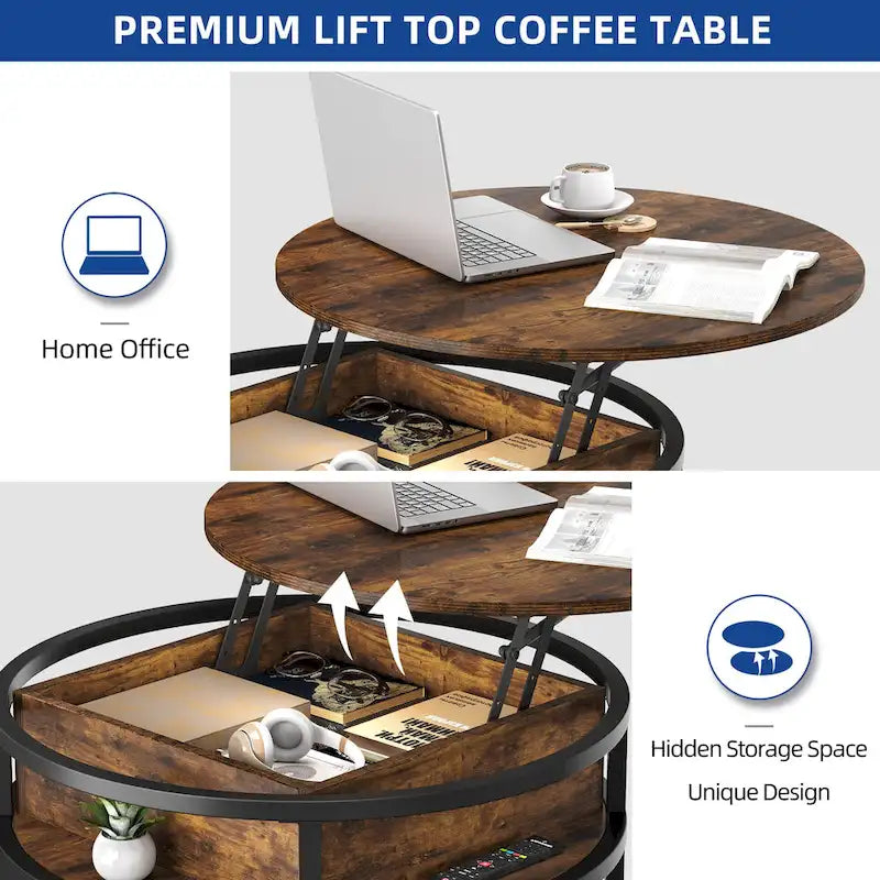 Mesa de centro redonda elevable Moasis Farmhouse con almacenamiento oculto y estante