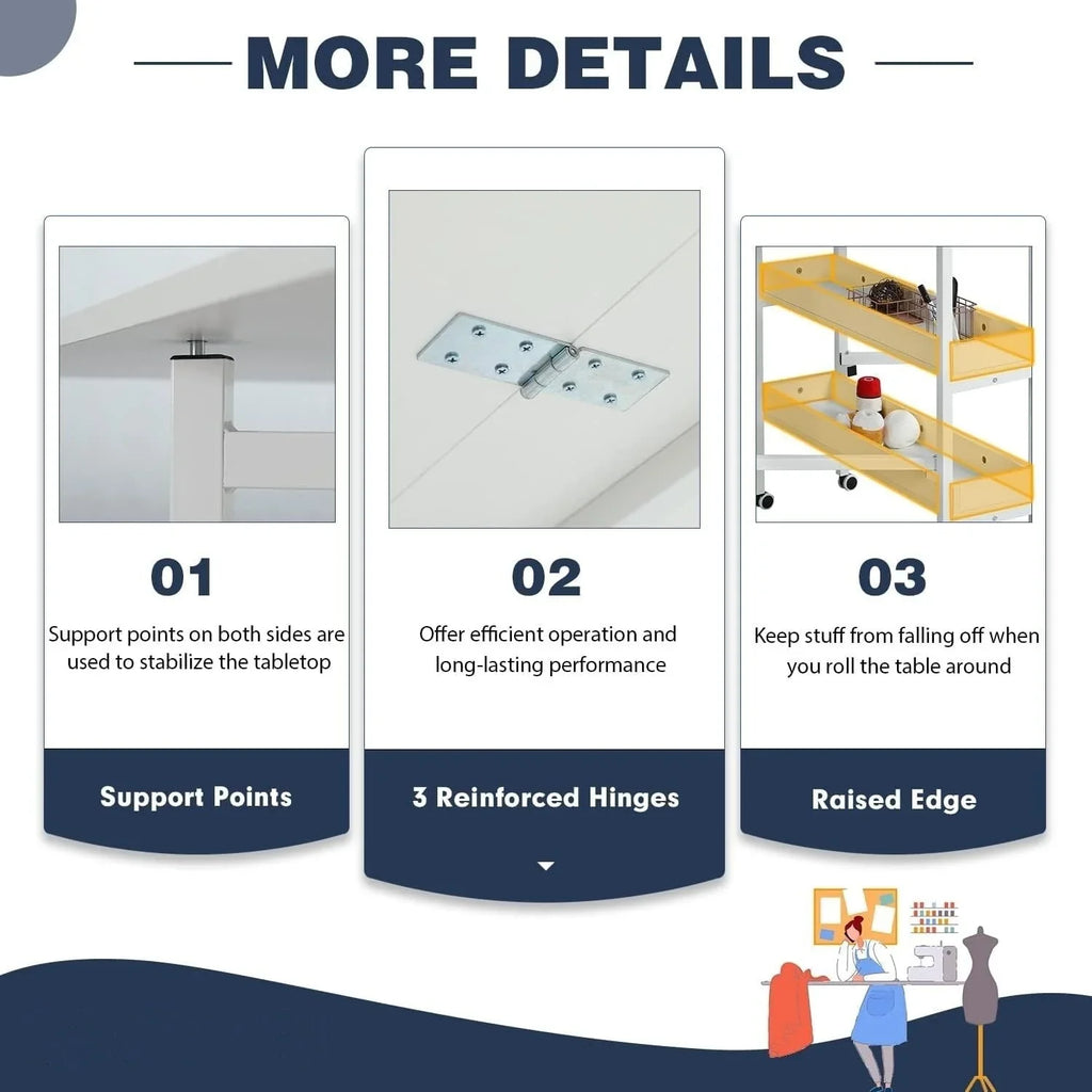 Mesa de manualidades ajustable en altura con estantes de almacenamiento, mesa de corte plegable móvil para oficina en casa, sala de costura, sala de manualidades