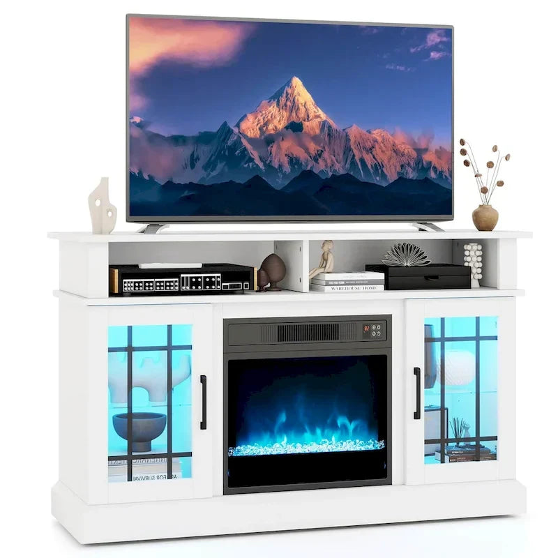 Mueble para TV con chimenea eléctrica, luces LED y mandos a distancia